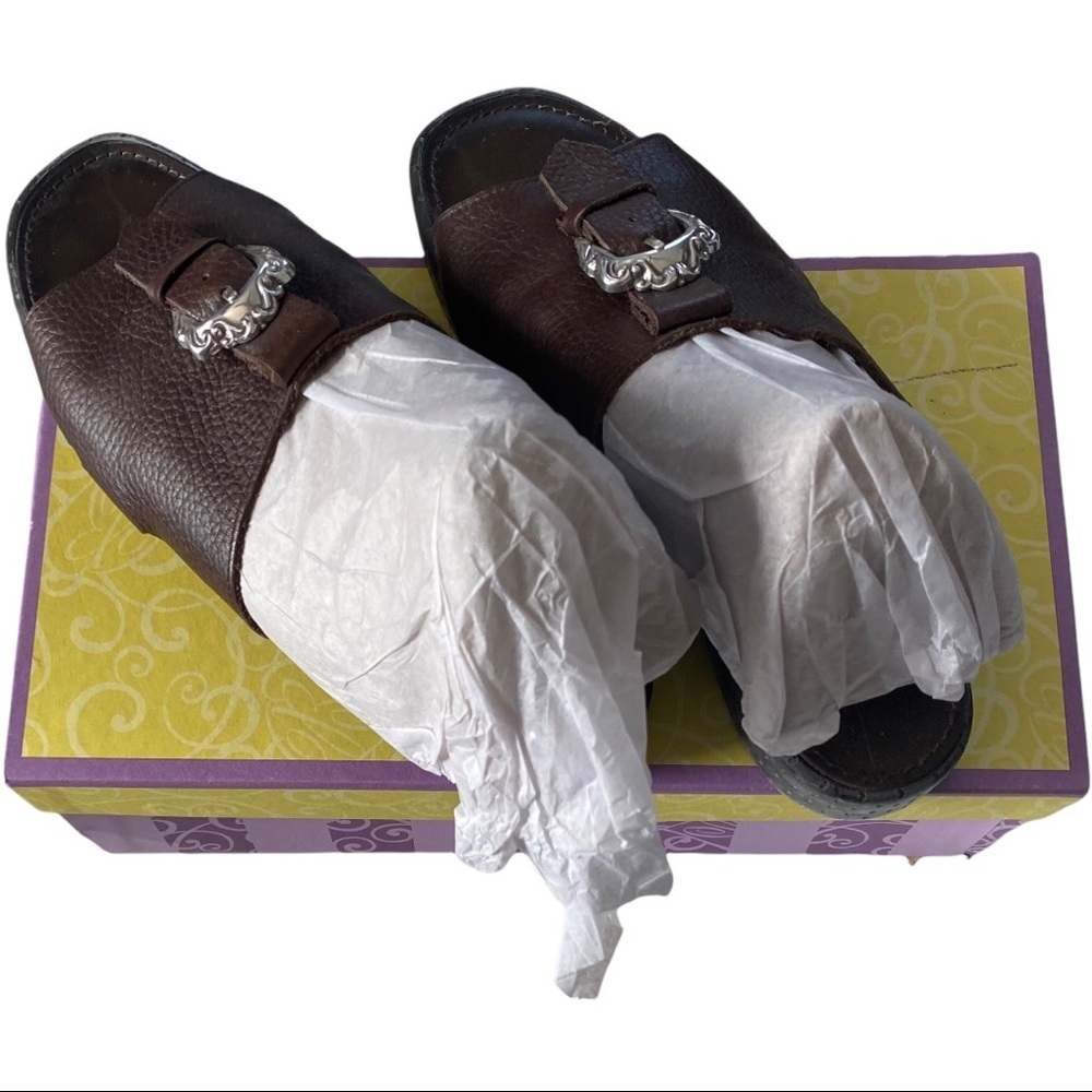 Brighton Italy Laura Brown Leather & Silver Tone Buckle Peep Toe Sandals Sz 7.5M